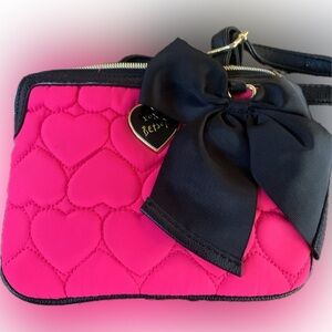 Hot Pink Big Black Bow Quilted Heart Betsey Johnson Crossbody Bag Purse